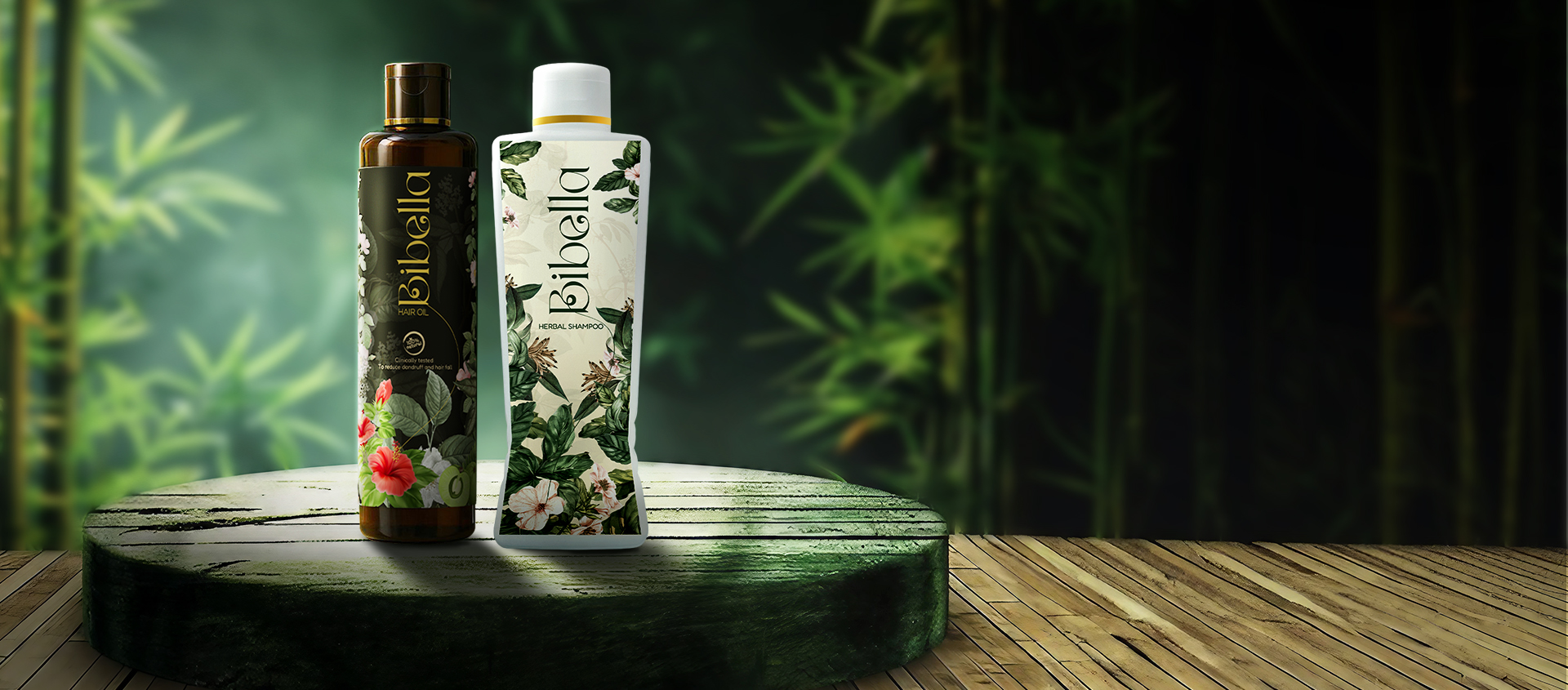 Bibella Hair Oil bottle and packaging with floral design, promoting hair fall reduction, volume boost, and deep nourishment benefits.